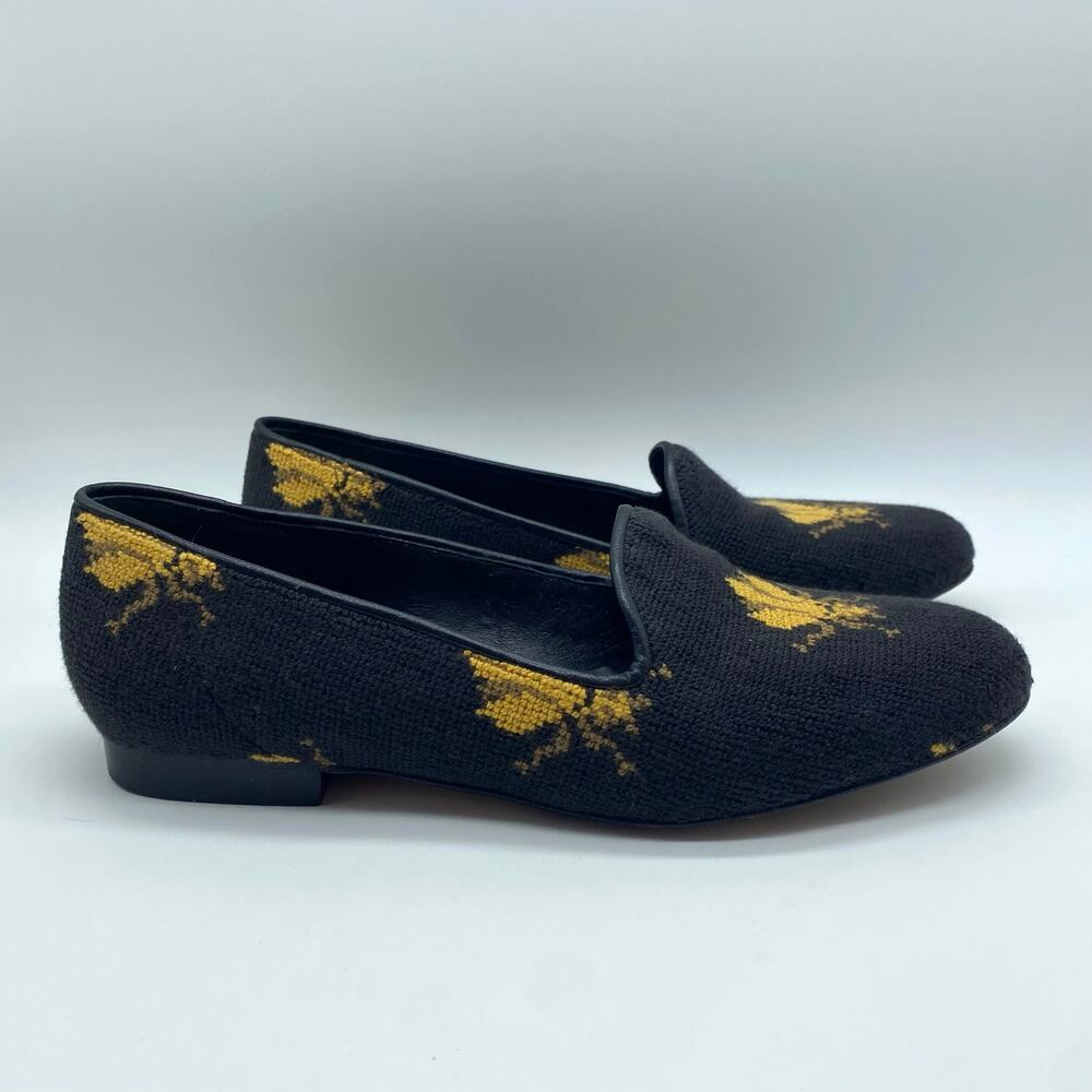 Jon Josef Black Yellow Needlepoint Bug Beetle Loafers Slide Shoes Women's size 8